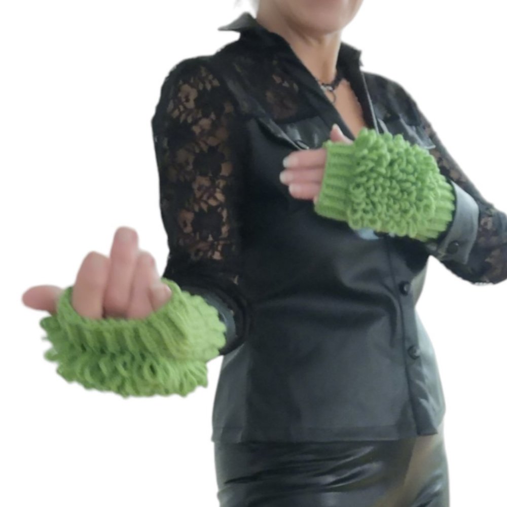 Green Fingerless Loop Knit City-Chic Statement Gloves Handmade in Canada